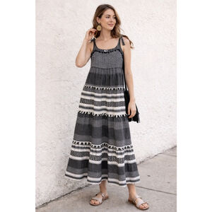 Crown & Ivy Boho Tiered Midi Dress Black White XL Adjustable Straps